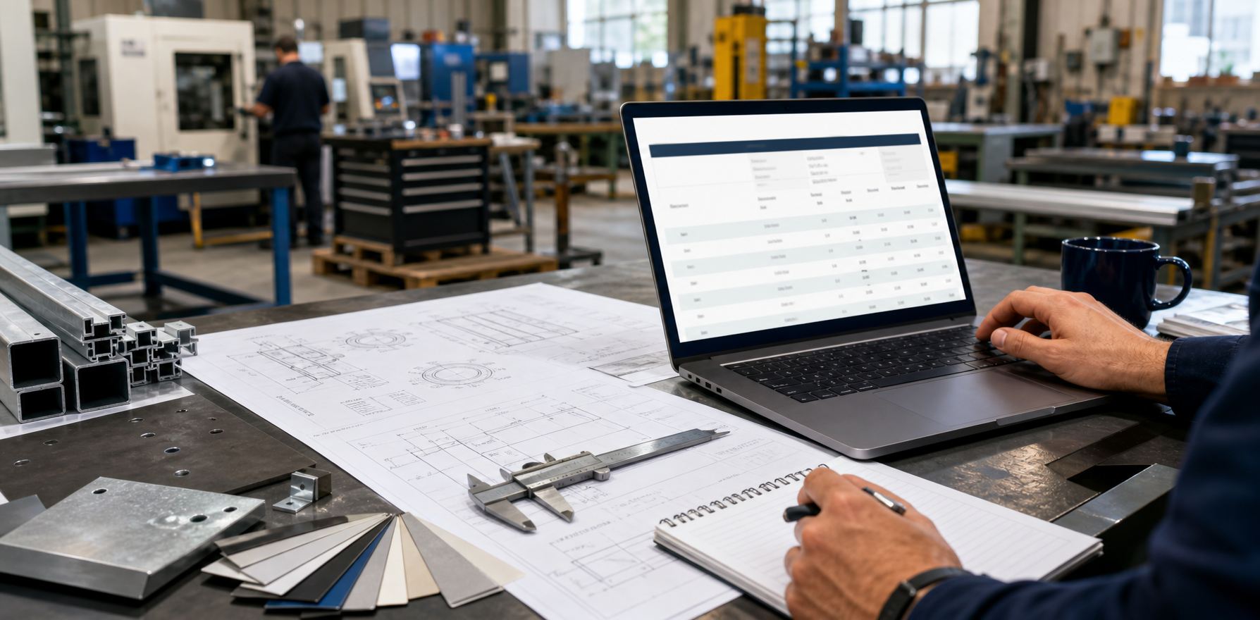 Estimator reviewing drawings and manufacturing quote details at a workbench
