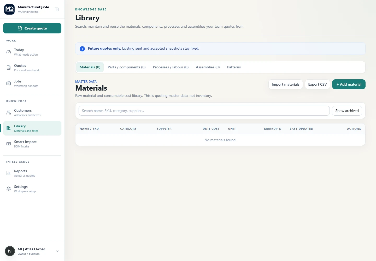 ManufactureQuote Library screen with reusable manufacturing records