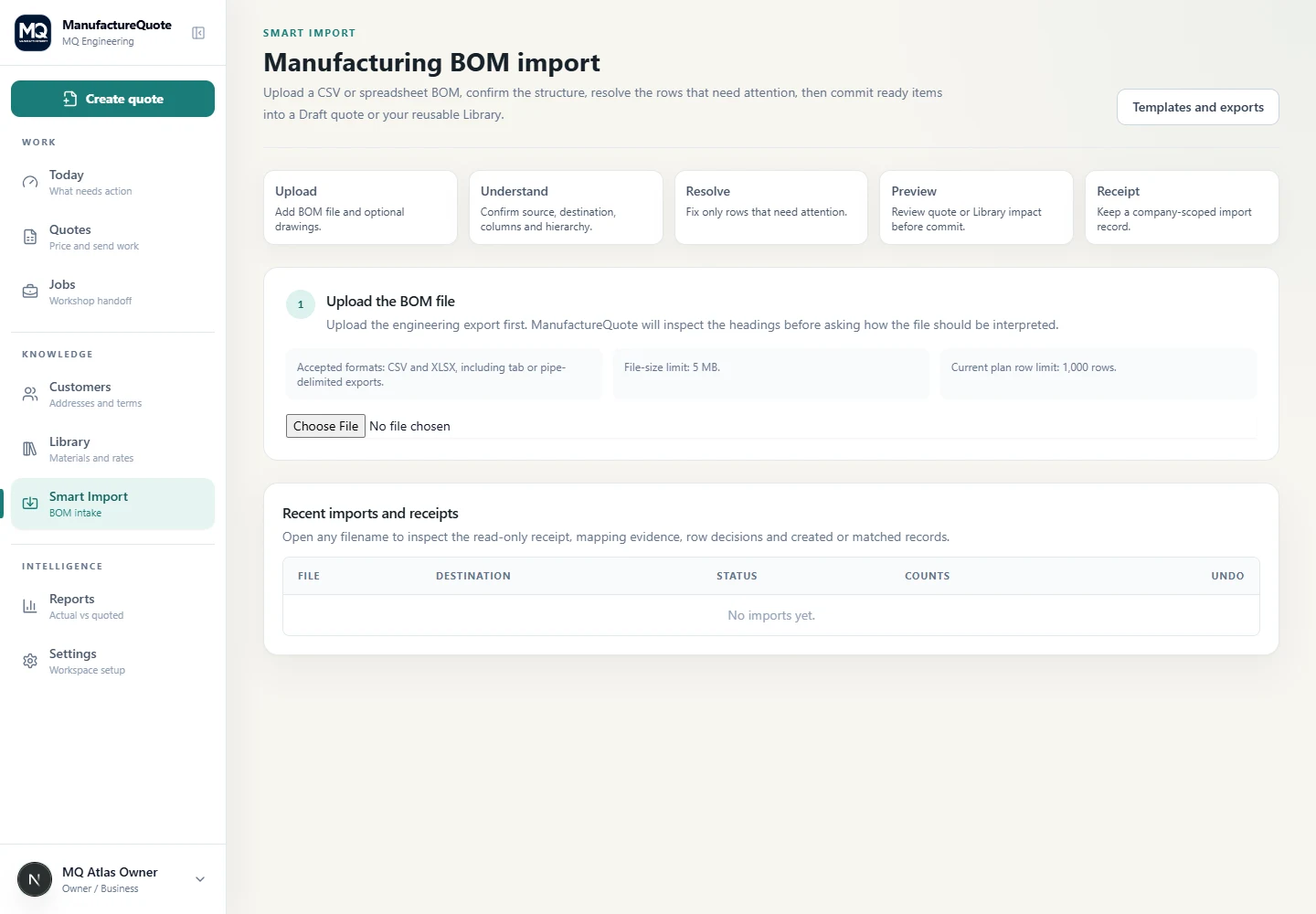 ManufactureQuote Smart Import receipt screen with import status and row counts